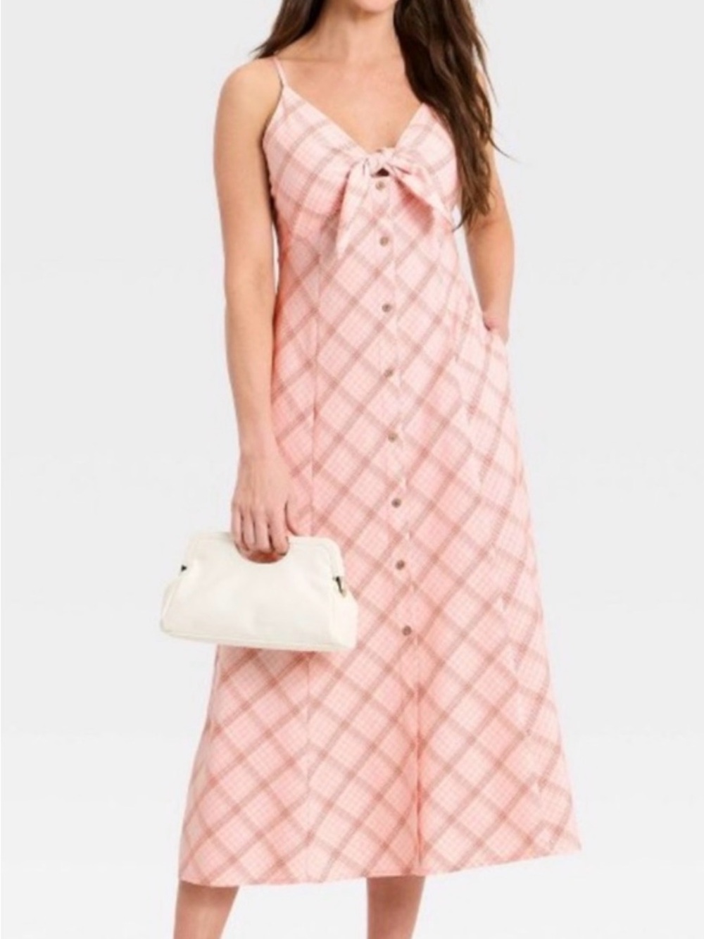 a new day Pink Plaid Maxi Skirt with Front Buttons and Tie Detail